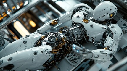 Fototapeta premium Futuristic humanoid robot concept resting, mechanical details and complex structure