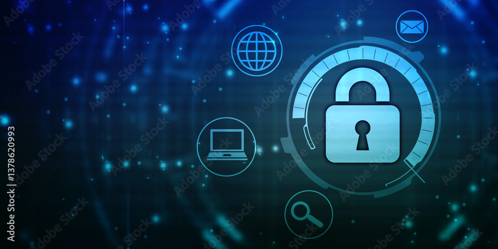 Poster closed padlock on digital screen with flowing binary codes, cyber security and safety information, p