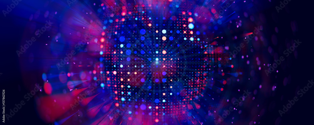 Poster Abstract macro of quantum computing qubit cell. Subatomic patterns of cyber AI intelligence. Futuristic technology concept. 