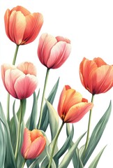 Watercolor tulips in shades of pink and orange on white background