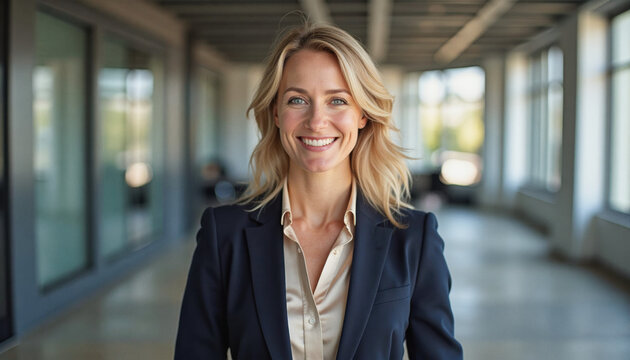 A portrait headshot photo of a friendly professional CEO executive business worker: A smiling blonde businesswoman confidently stands in a modern office corridor with large windows.