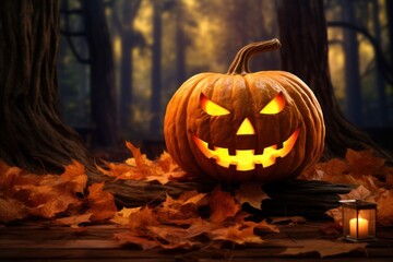 A carved Halloween pumpkin with a spooky glowing face, placed on a wooden surface with autumn leaves scattered around