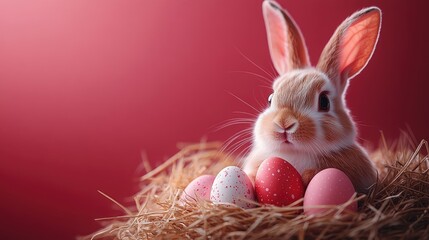 Easter-themed background with a charming bunny character holding colorful eggs on a straw, presented in a soft pink color palette, featuring a simple and minimalist style.
