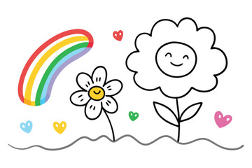 Obraz premium Playful Rainbow and Smiling Flower Doodles on Transparent Background Cute Art Style