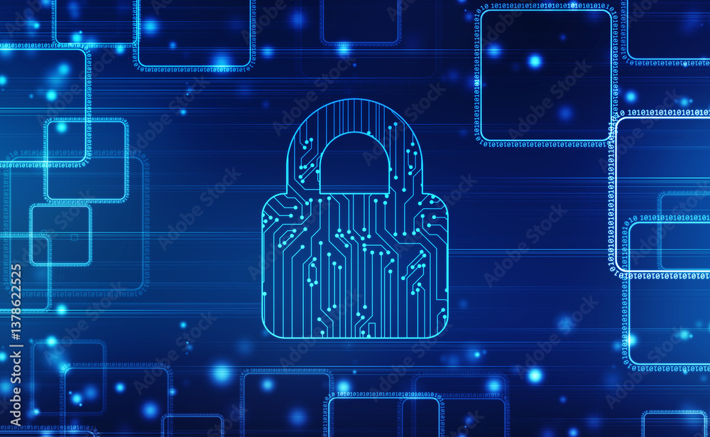 Poster closed padlock on digital screen with flowing binary codes, cyber security and safety information, p