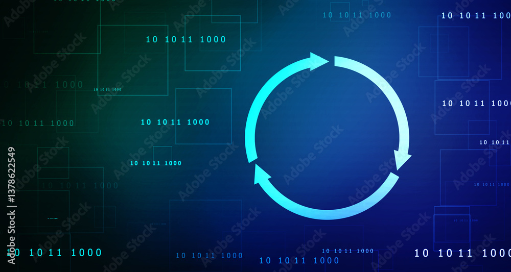 Poster update icon with binary codes on technology abstract background, update system upgrade software vers