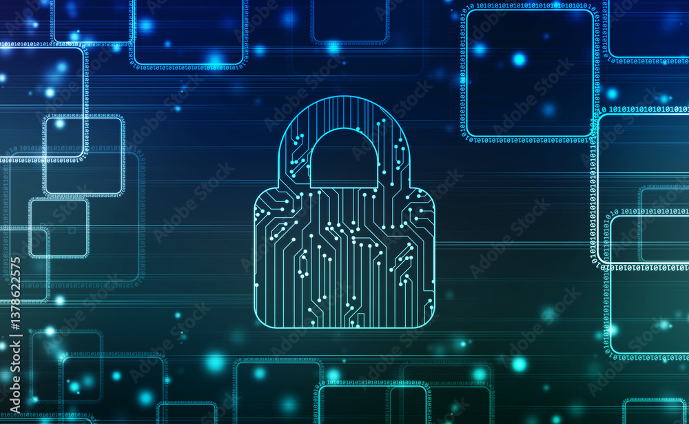 Poster closed padlock on digital screen with flowing binary codes, cyber security and safety information, p