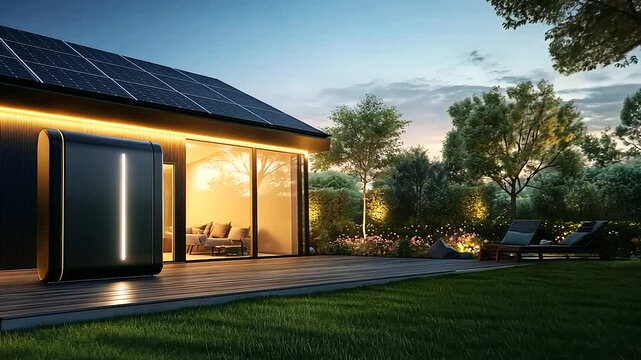 A futuristic home battery storage unit with LED indicators glowing softly, installed near a wooden deck in a beautifully landscaped backyard, solar panels visible on the roof
