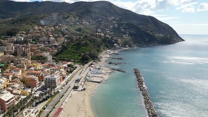 Fototapeta premium Europe, Italy , Liguria drone aerial view of Moneglia little sea village in province of Genoa close to Cinque Terre - Gulf of Tigullio Mediterranean sea landscape 