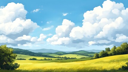Obraz premium Scenic Countryside Landscape with Bright Blue Sky and Fluffy White Clouds in Soft Hand-Painted Style