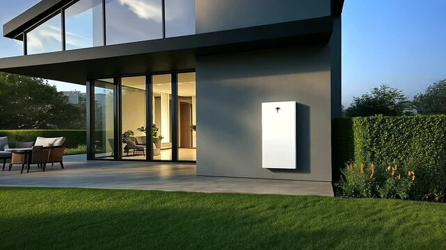 A sleek, wall-mounted home battery storage system with a glossy white finish installed on the side of a modern house, surrounded by neatly landscaped greenery and patio furniture
