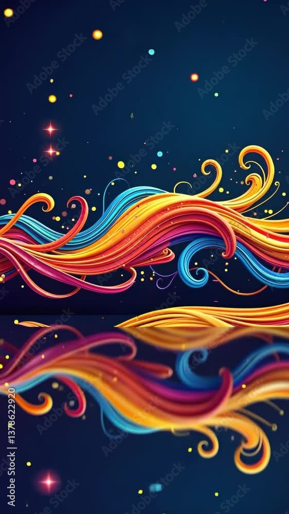 Poster a colorful painting of a wave with many different colors. the painting is on a blue background. the 