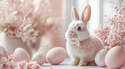A minimalist Easter background featuring a white bunny with a bow, colorful Easter eggs and delicate flowers in a pink theme, perfect for an e-commerce poster design with an ethereal time-lapse effect