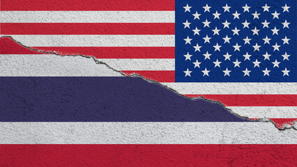 USA and Thailand flags on cracked concrete background, USA and Thailand trade war, USA and Thailand...
