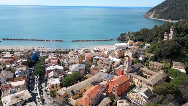Europe, Italy , Liguria drone aerial view of Moneglia little sea village in province of Genoa close to Cinque Terre - Gulf of Tigullio Mediterranean sea landscape 