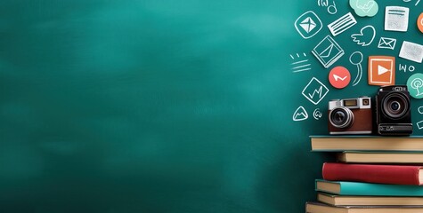 A vibrant backdrop featuring books, vintage cameras, and social media icons, symbolizing creativity and the intersection of education and technology.