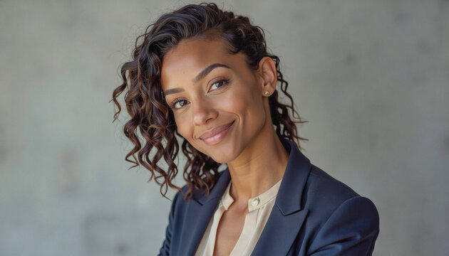 A portrait headshot photo of a friendly professional CEO executive business worker: A confident, young Black woman with curly hair smiles warmly while wearing a navy blazer and a cream-colored bl