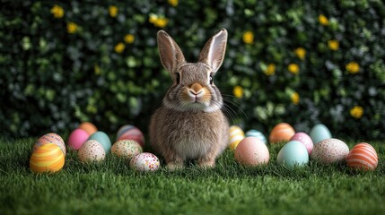 Lush green grass covered with Easter eggs and a small white rabbit, an Easter themed background perfect for decoration, with an image of an Easter bunny on the ground
