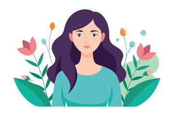 Attractive Woman with Purple Hair and Floral Ornament on a White Background