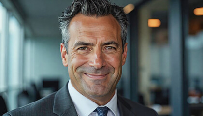 Fototapeta premium A portrait headshot photo of a friendly professional CEO executive business worker: A mature businessman with graying hair confidently smiles directly at the viewer while wearing a dark suit and 