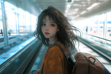 Young Anime girl traveling with backpack in modern airport terminal