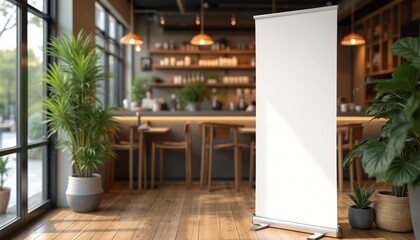 Blank white roll up banner mockup in cafe interior. Display stand advertising poster. Empty information board template for marketing. Commercial presentation indoor show.