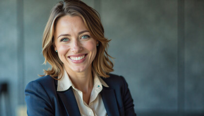 A portrait headshot photo of a friendly professional CEO executive business worker: A smiling businesswoman with light brown hair and blue eyes confidently looks at the camera while wearing a nav