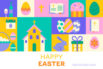 Happy Easter Geometrical Banner Concept. Vector Illustration of Seasonal Religious Holiday. Spring Background. Egg Hunt and Bunny. Polygonal and Triangular.