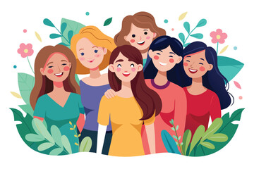Smiling Diverse Women Group of Happy Young Females with Floral Accents