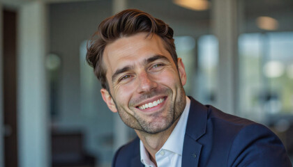 Fototapeta premium A portrait headshot photo of a friendly professional CEO executive business worker: A smiling man in a navy suit confidently looks at the camera with a warm and inviting expression.