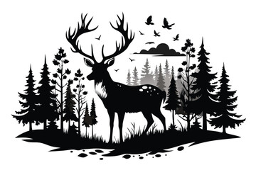 Stag Silhouette with Antlers, Trees, and Birds in Forest on Transparent BG