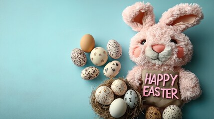 Adorable pink bunny ear headband with "HAPPY EASTER" text, accompanied by quail eggs in a basket on a light blue background, presented in a charming flat lay composition.、
