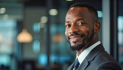 Fototapeta premium A portrait headshot photo of a friendly professional CEO executive business worker: A confident Black businessman in a suit smiles warmly at the viewer, with a blurred, modern office setting in t