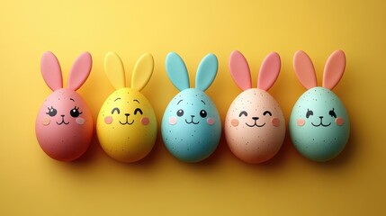 Close-up of a group of cute Easter eggs decorated with bunny ears and simple cartoon faces, arranged in a row on a yellow background. Creating a joyful festive mood for the holiday.
