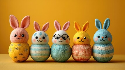 Vibrant pastel Easter eggs with bunny ears and adorable faces against a sunny yellow background, creating a cheerful and whimsical Easter scene.
