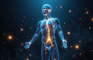 Fototapeta premium Illustration human body in space with glowing constellations nervous system. Anatomical art with nerve pathways. Medical, science, health concept. Futuristic 3d art. Body map, energy, mind, body.