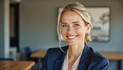 A portrait headshot photo of a friendly professional CEO executive business worker: A smiling blonde woman in a navy blazer sits confidently indoors, exuding professionalism and warmth.