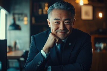 Obraz premium Well-dressed man smiling confidently while seated in a modern cafe during the evening hours