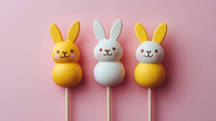 A warm pink background with a yellow and white wooden Easter bunny on a stick. The design is simple yet charming, and the cute bunny decoration is perfect for an Easter-themed phone wallpaper.
