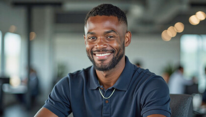 Fototapeta premium A portrait headshot photo of a friendly professional CEO executive business worker: A smiling young Black man with a beard sits confidently in a modern office space, looking directly at the camer