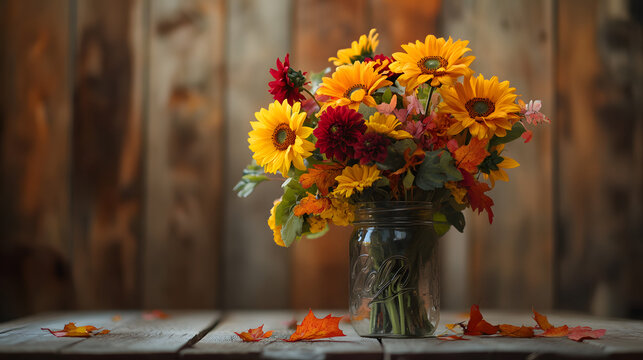 A fall bouquet featuring sunflowers, dahlias, and maple leaves in a rustic mason jar, placed on a wooden surface with a soft, warm light.