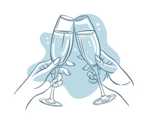 Hands hold white sparkling or wine, champagne or cocktail glasses. Blue Line art, outline, line, doodle. Cheers. Trendy art for bachelorette party and wedding invitations. Vector illustration