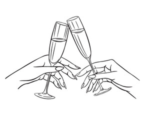 Hands hold white sparkling or red wine, champagne or cocktail glasses. Cheers. Trendy art for bachelorette party and wedding invitations. Vector illustration