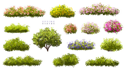  Vector watercolor blooming flower tree or forest side view isolated on white background for landscape and architecture drawing,elements for environment or and garden,green tree for garden section 