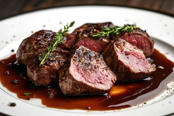 Luxurious Michelin level dish with perfectly cooked beef in rich sauce garnished with herbs