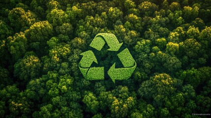 A dense, vibrant green forest with a large recycle symbol