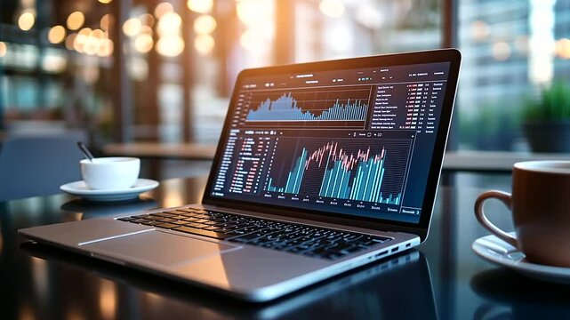 Laptop on a polished desk displaying a detailed online economic perspective report, with rising tariff rates graphically illustrated, while global trade data scrolls across the scr
