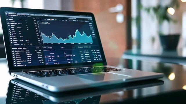 Laptop on a polished desk displaying a detailed online economic perspective report, with rising tariff rates graphically illustrated, while global trade data scrolls across the scr