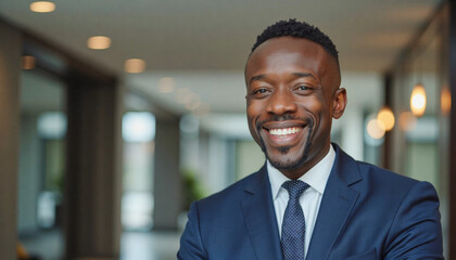 Fototapeta premium A portrait headshot photo of a friendly professional CEO executive business worker: A smiling Black businessman in a navy suit confidently looks at the camera while standing in a modern office ha