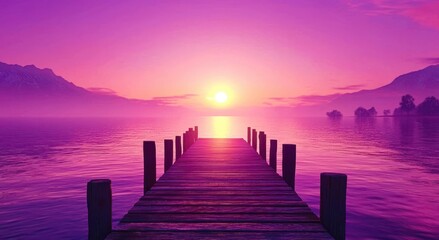 Fototapeta premium A Vibrant Sunset Over a Lakeside Wooden Bridge and Calm Waters